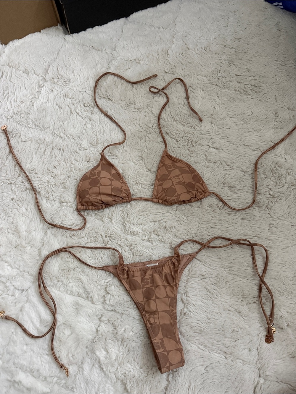 Sports Illustrated Swim Taupe Brown Logo-Print Triangle String Bikini